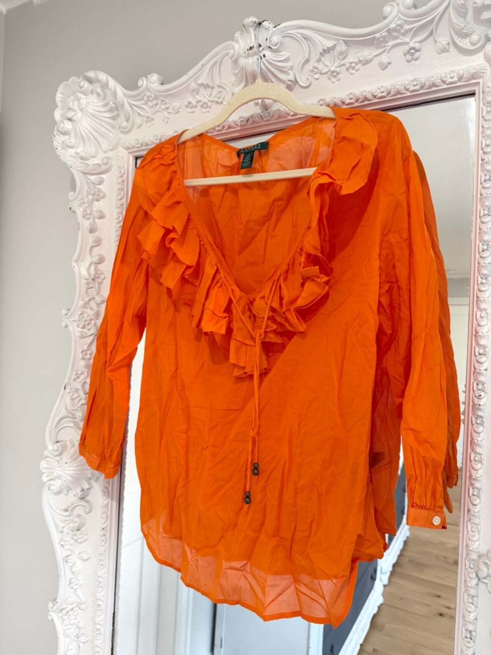Ralph Lauren Bright Orange Ruffle V-Neck Blouse Lightweight Top